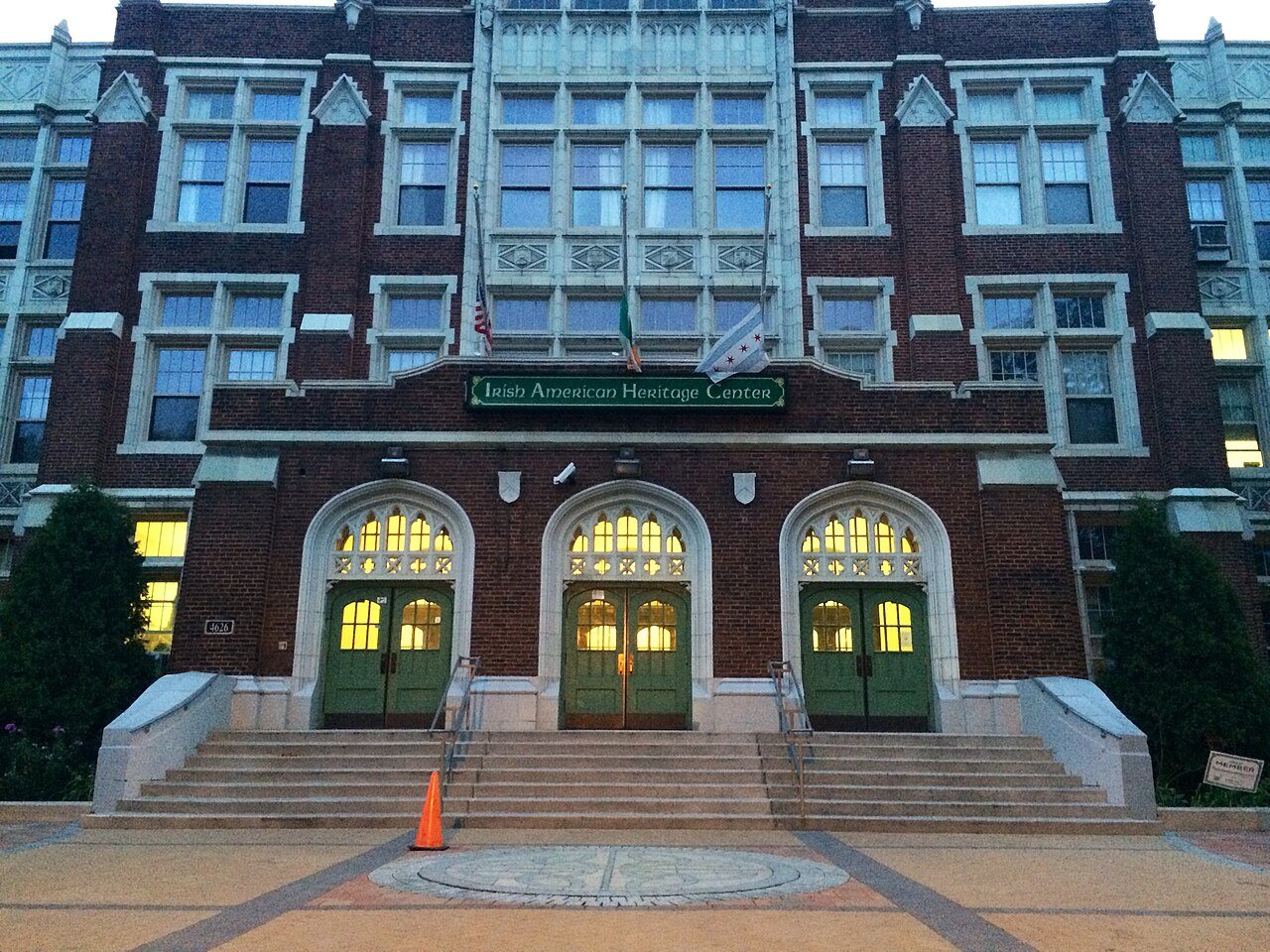 The Irish American Heritage Center on Knox Avenue, Chicago, the tricolour flying over the entrance