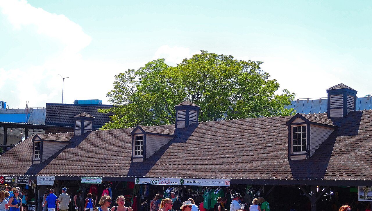 The marketplace at Milwaukee Irish Fest in Henry Maier Festival Park, Hanna Hats of Donegal among the stalls